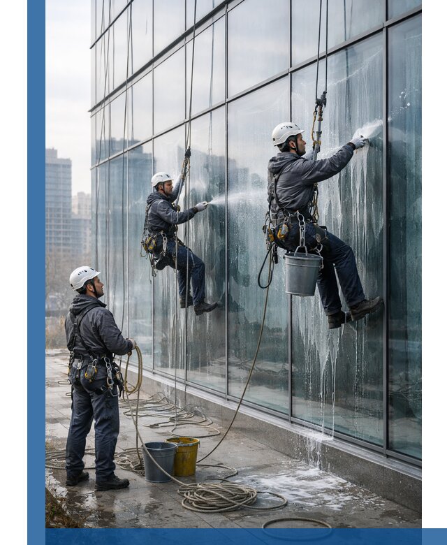 Промышленная мойка панорамных окон на высоте в Кушве