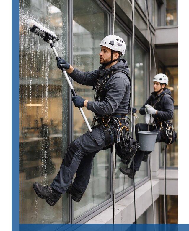 Профессиональная мойка витражей промышленными альпинистами в Кушве