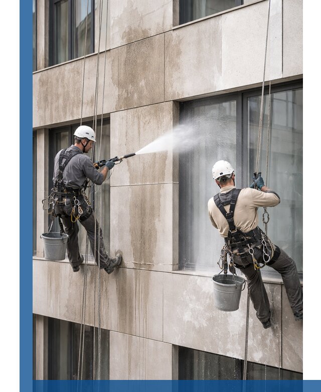 Послестроительная мойка фасада промышленным альпинизмом в Кушве