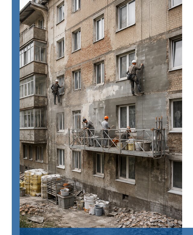 Капитальный ремонт фасада в Кушве с восстановлением и гидроизоляцией