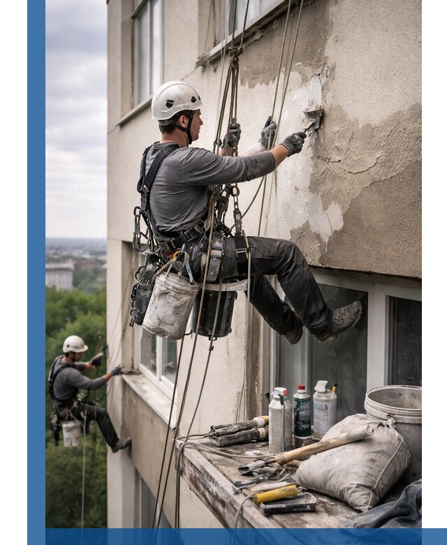 Косметический ремонт фасада зданий в Кушве промышленными альпинистами