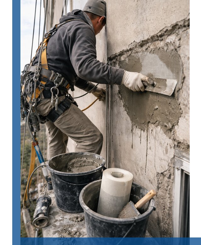 Ремонт бетонных элементов фасада промышленными альпинистами в Кушве