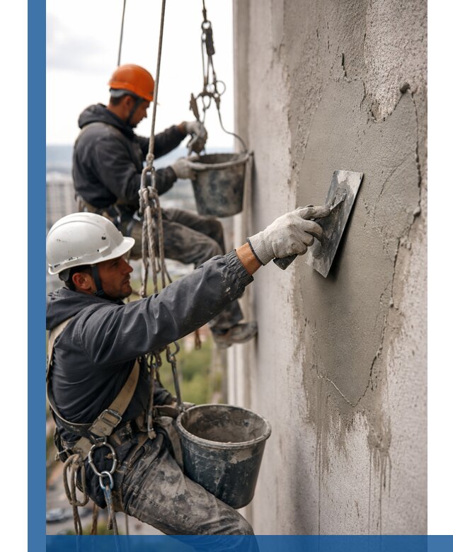 Штукатурка фасада на высоте в Кушве профессиональные работы