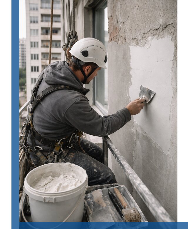 Шпаклевка фасадов на высоте с промальпинистами в Кушве