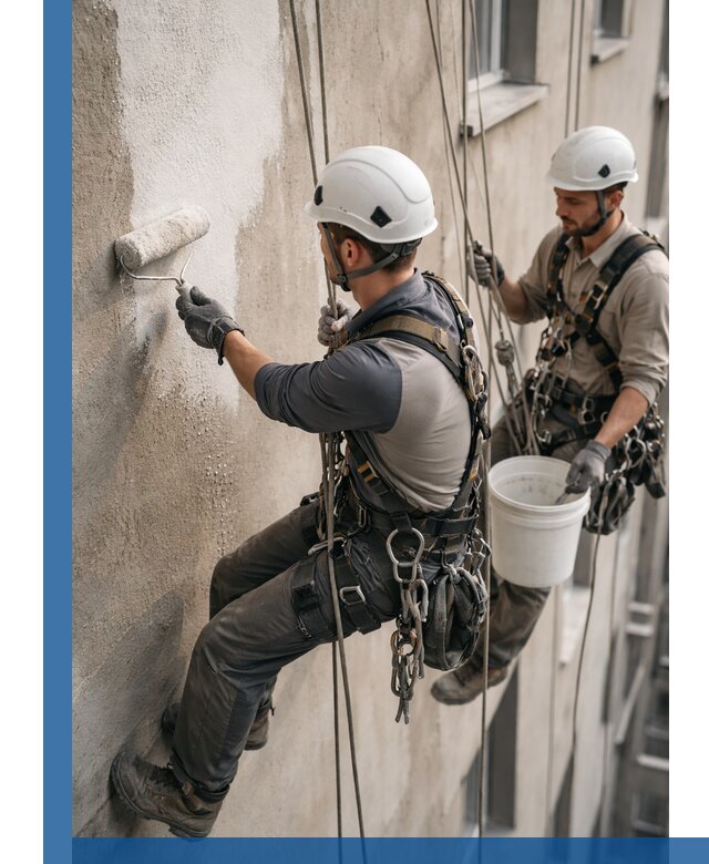 Грунтовка фасада на высоте в Кушве промышленными альпинистами