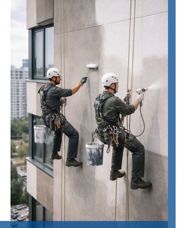 Покраска фасада альпинистами в Кушве от 308 р. | ВЫСОТНИК-Кшв