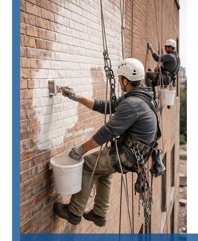 Покраска кирпичного фасада с доступным альпинистским сервисом в Кушве