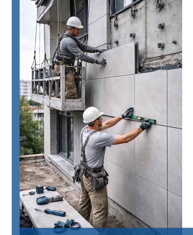 Монтаж керамогранита на фасад в Кушве под ключ с гарантией качества