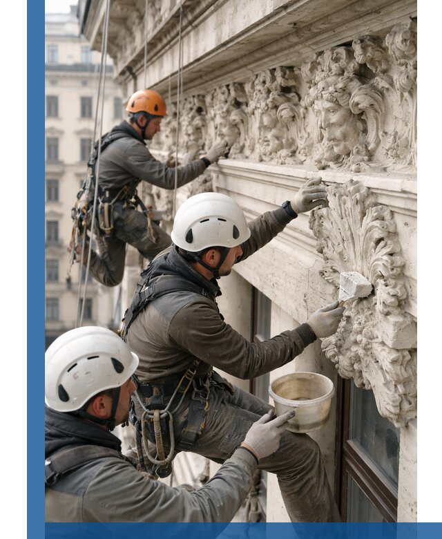 Реставрация фасадной лепнины с высотными работами в Кушве