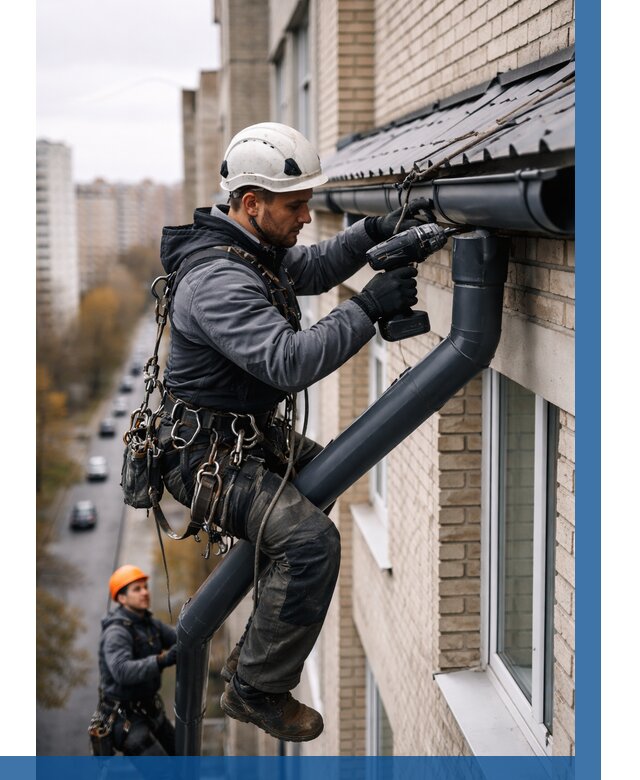 Монтаж водосточной системы на здании в Кушве от 5133 р. | ВЫСОТНИК-Кшв