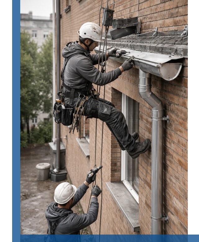 Монтаж водосточной системы на здании в Кушве под ключ