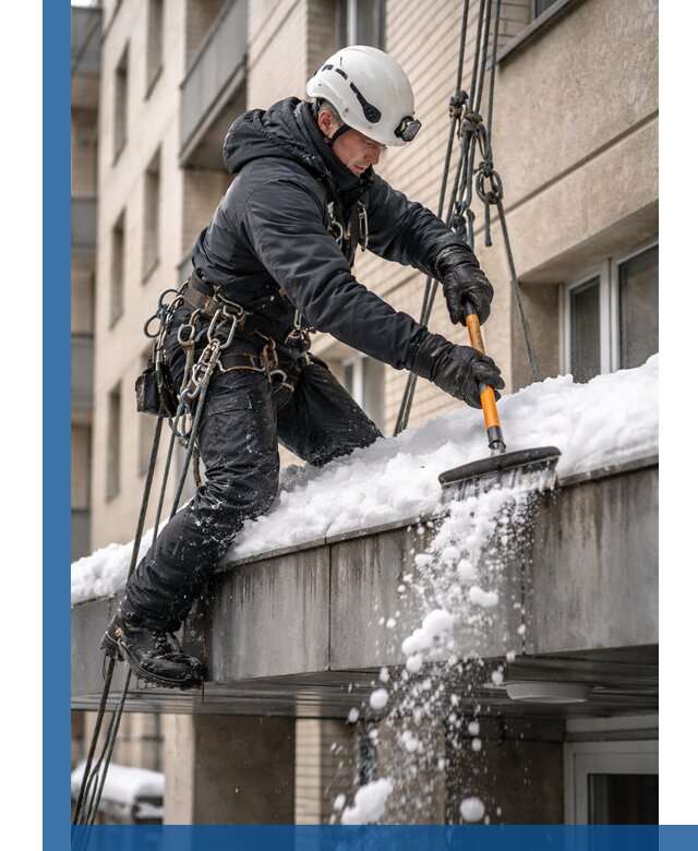 Очистка козырьков от снега в Кушве круглогодично безопасно