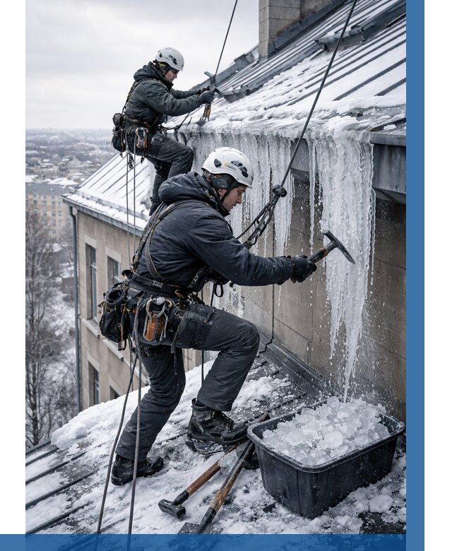 Удаление наледи с кровли в Кушве от 5646 р. | ВЫСОТНИК-Кшв