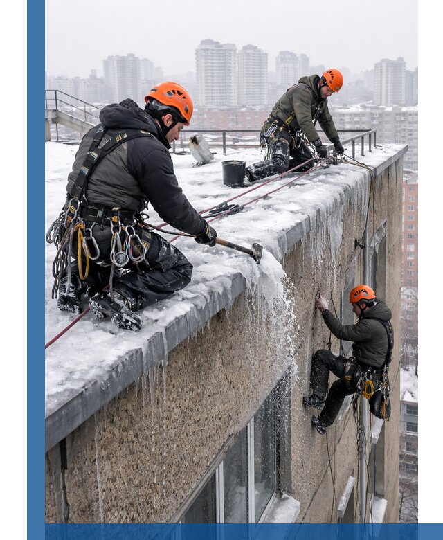 Удаление наледи с кровли в Кушве промышленными альпинистами