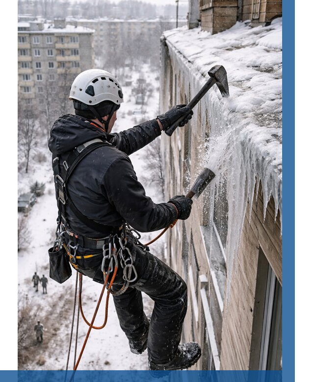 Сбивание сосулек с крыши в Кушве по цене от 4619 р. | ВЫСОТНИК-Кшв