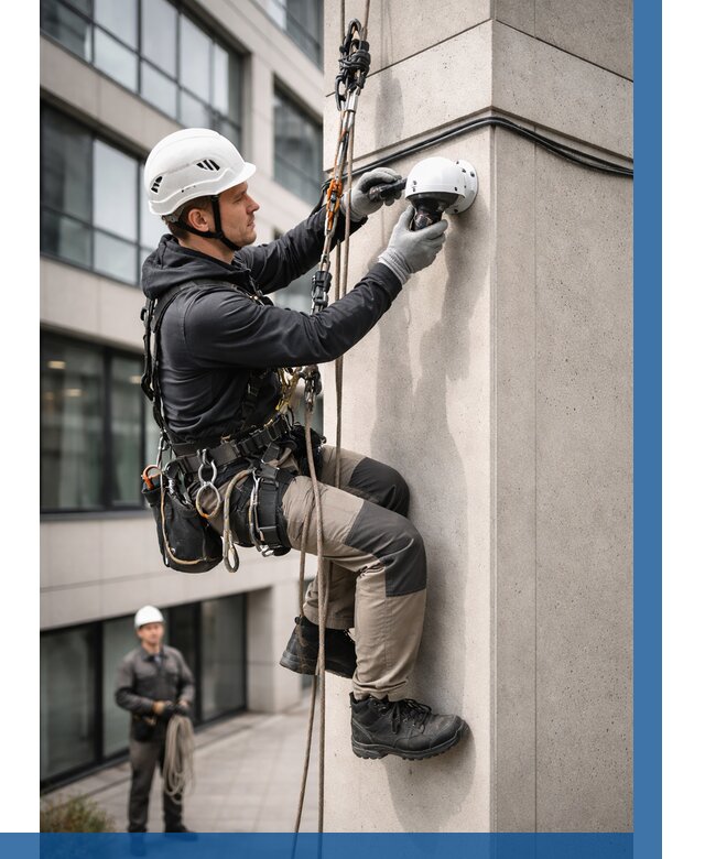 Монтаж камер видеонаблюдения на фасаде в Кушве от 8725 р.-ВЫСОТНИК-Кшв