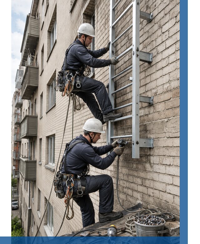 Монтаж пожарной лестницы в Кушве от 25663 р заказать у ВЫСОТНИК-Кшв