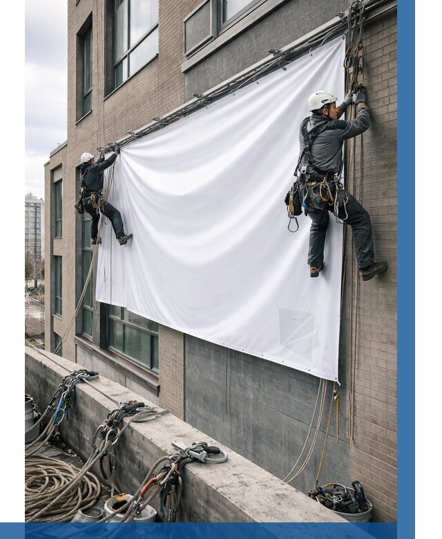 Монтаж баннеров на фасаде в Кушве от 667 р. заказать ВЫСОТНИК-Кшв