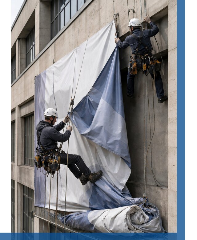 Демонтаж баннеров с фасада в Кушве от 4619 р. | ВЫСОТНИК-Кшв