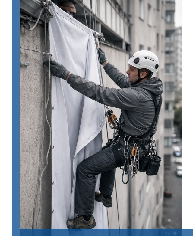 Замена баннерного полотна промышленными альпинистами в Кушве