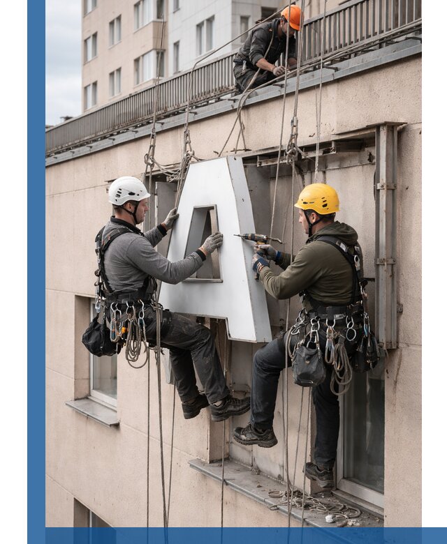 Ремонт и восстановление наружных вывесок на высоте в Кушве