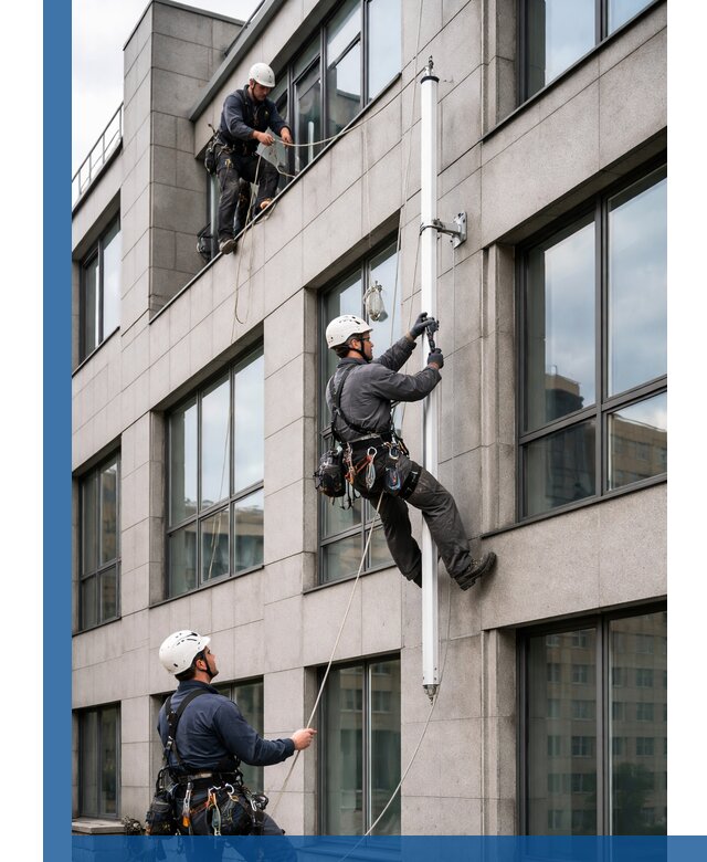 Монтаж флагштока на фасаде здания с креплением и герметикой в Кушве