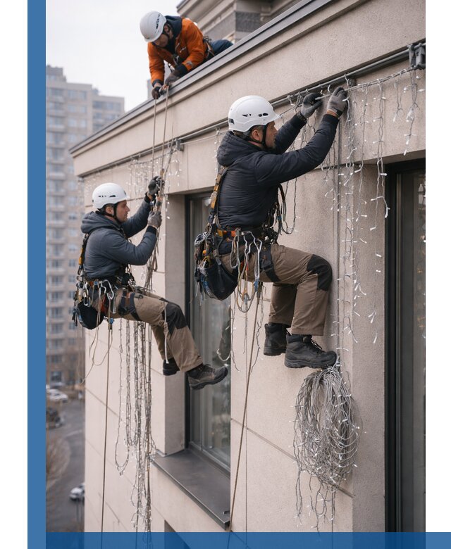 Монтаж праздничных гирлянд на фасаде в Кушве для зданий