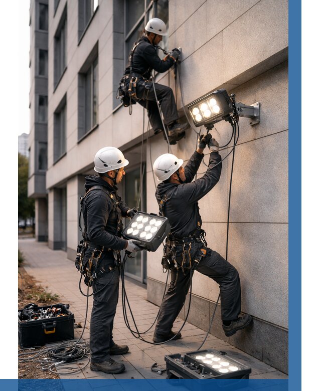 Монтаж прожекторов на фасаде в Кушве от 7699 р. | ВЫСОТНИК-Кшв