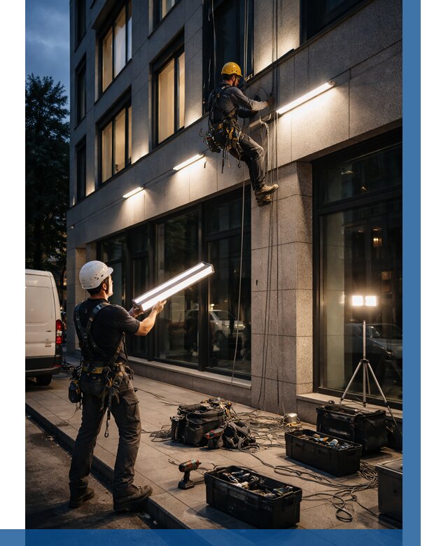 Монтаж архитектурной подсветки здания в Кушве от 2566 р.|ВЫСОТНИК-Кшв