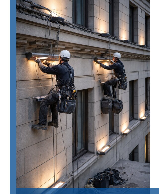 Монтаж архитектурной подсветки фасадов зданий в Кушве