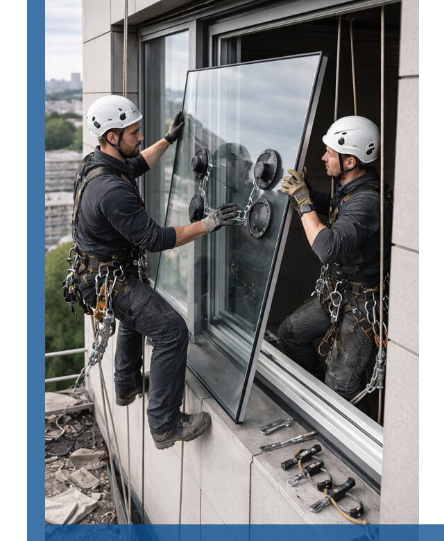 Замена стеклопакетов на высоте с промышленными альпинистами в Кушве