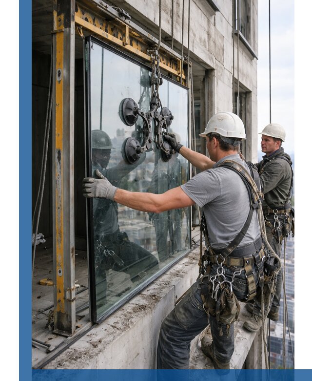 Монтаж стеклопакетов на высоте в Кушве с промышленным альпинизмом