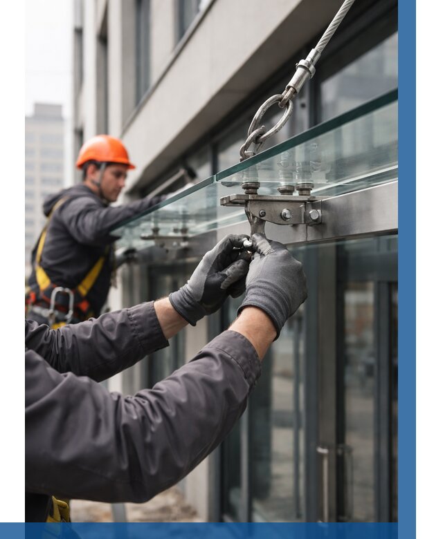 Монтаж стеклянных козырьков в Кушве от 8725 р. | ВЫСОТНИК-Кшв