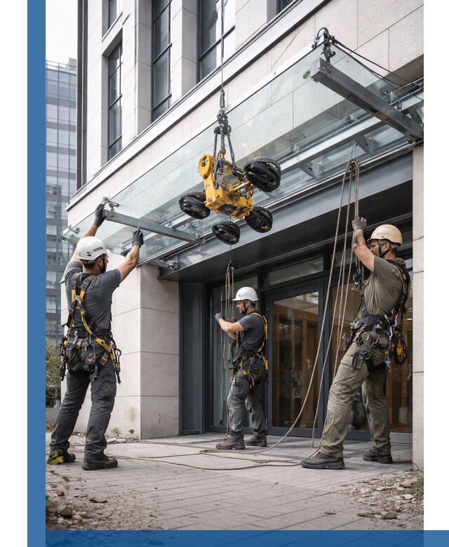 Монтаж стеклянных козырьков под ключ в Кушве для зданий