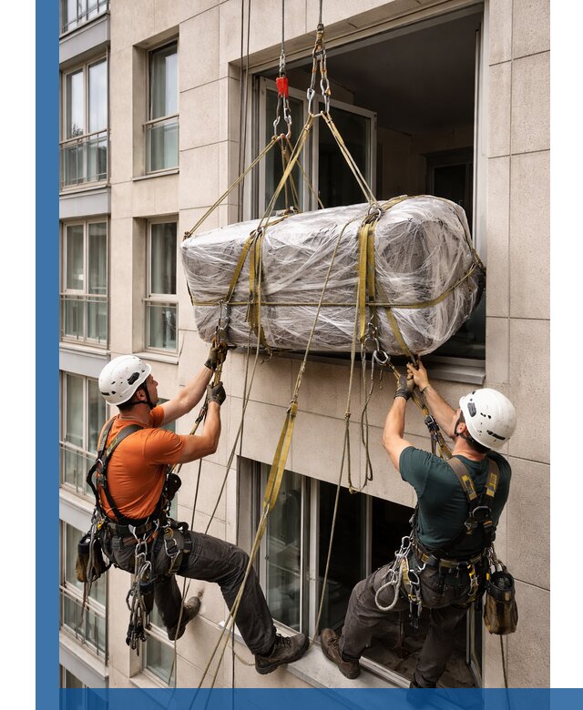 Подъем грузов через окно в Кушве промышленными альпинистами