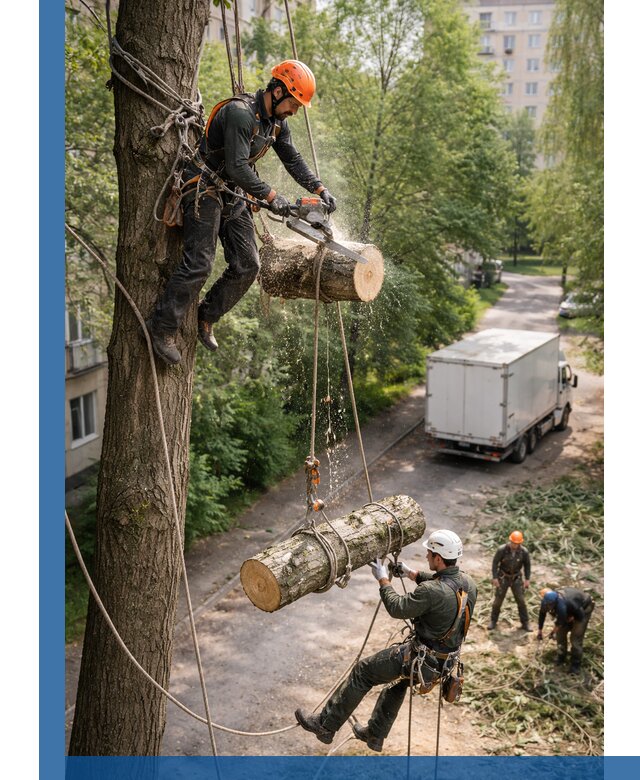 Спил деревьев альпинистами в Кушве, безопасно и без повреждений