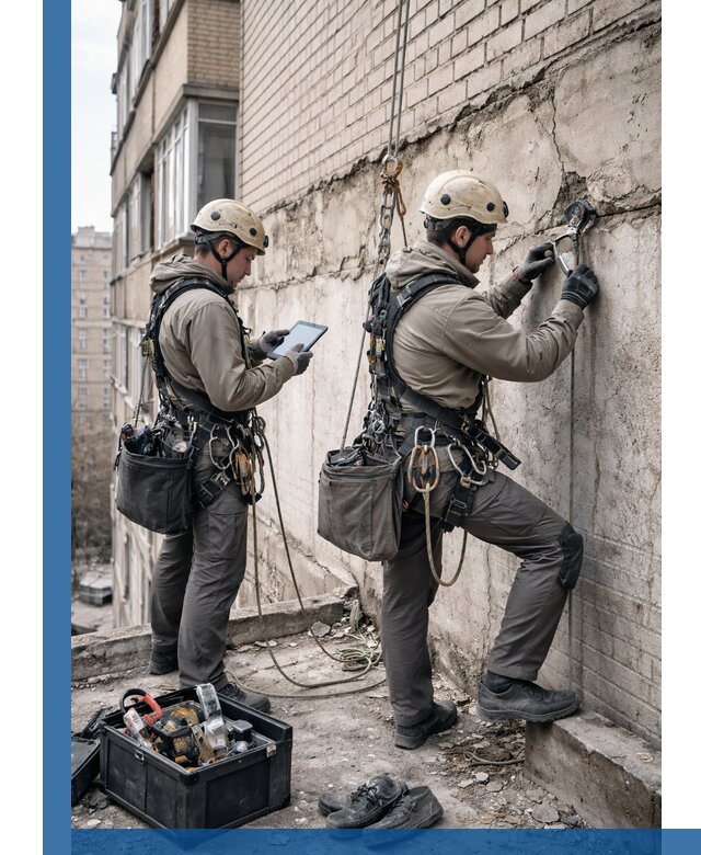 Обследование фасада промышленными альпинистами в Кушве